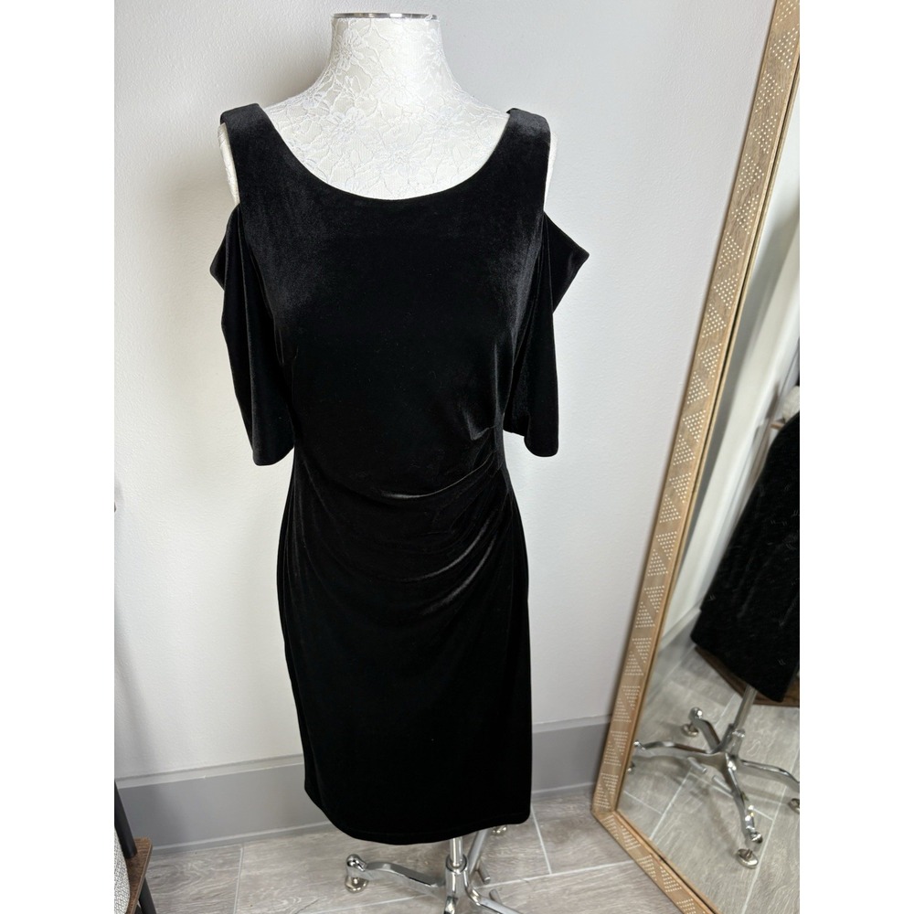 NWT Connected Apparel Womens 10 Black Cold Shoulder Dress Goth Velvet Ruched